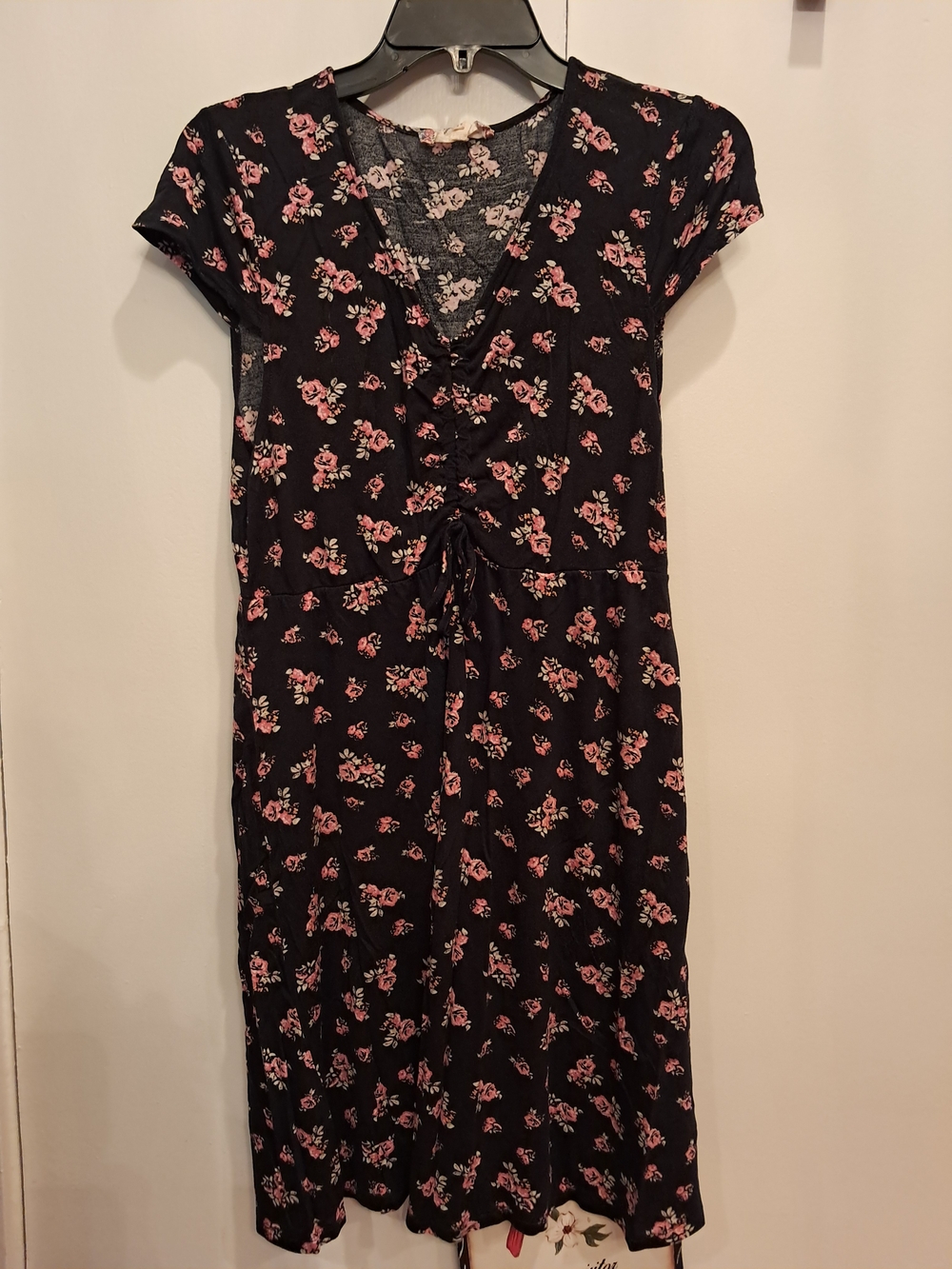 Pink Rose Black Midi Dress with Pink Floral Print